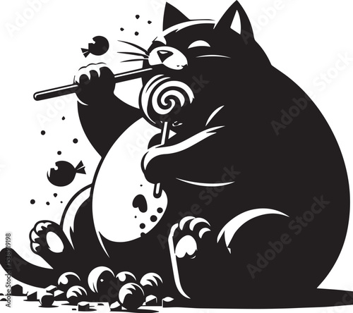 Delightful Cartoon Cat Enjoying Sweet Candy and Noodles A whimsical black and white illustration perfect for branding desserts or pet-related products