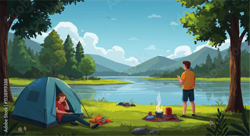 Camping Morning Scene – Cartoon Woman Snoozing in Tent by Lake While Man Wakes Up at Summer Camp
