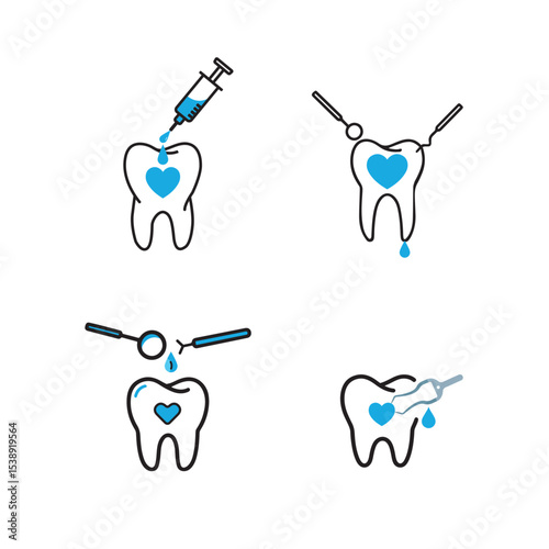 Minimal Dental illustration Tooth Care with Blue Heart Symbols and Tools