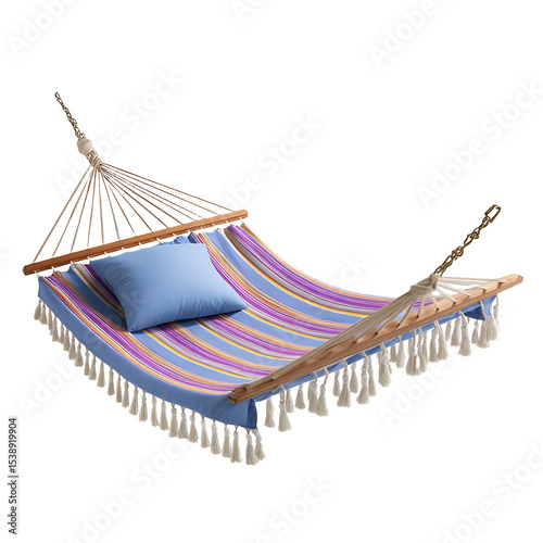 Striped hammock with wooden spreader bar and tassels  relaxation outdoor furniture