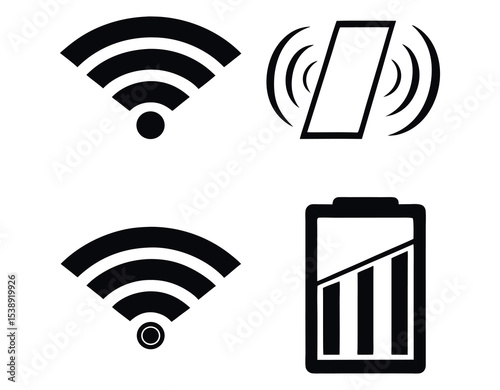 Wireless Connectivity and Battery Status Icons Set, Signal, showcases a set of black and white icons representing WiFi connection, WiFi access point, and battery level and Battery Power Icons, wireles