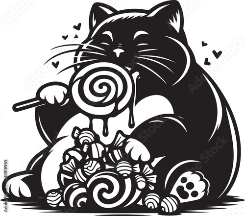 Delightful Cartoon Cat Enjoying Sweet Candy and Noodles A whimsical black and white illustration perfect for branding desserts or pet-related products