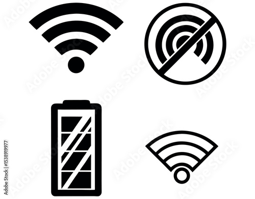 Wireless Connectivity and Battery Status Icons Set, Signal, showcases a set of black and white icons representing WiFi connection, WiFi access point, and battery level and Battery Power Icons, wireles