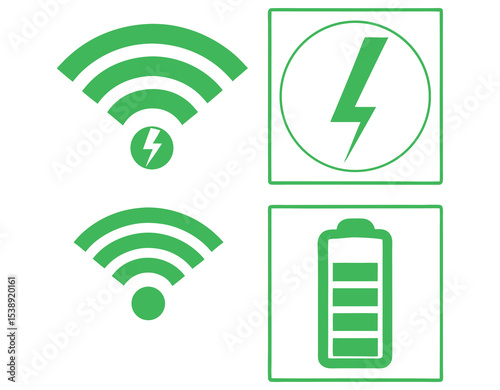 Wireless Connectivity and Battery Status Icons, Green Icons Representing Wireless, Battery, and Solar Power, icon set, green icons, wireless, wifi, battery, charging, solar power, solar panel, energy,