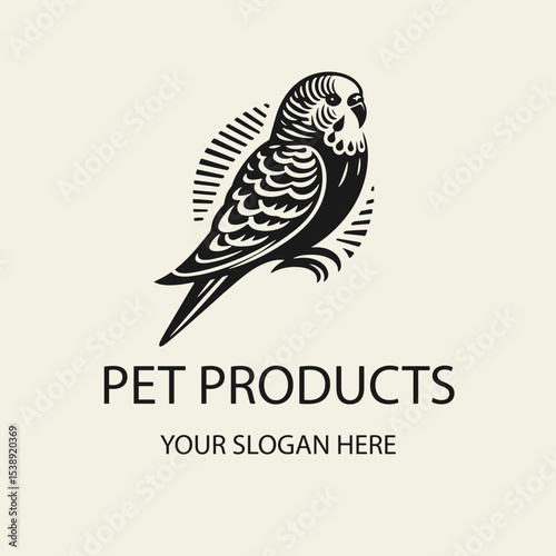 Black and white flat vector logo of a budgie (parakeet) for pet product branding. Clean and minimal design for zoo shops, packaging, signage, or bird-related businesses.