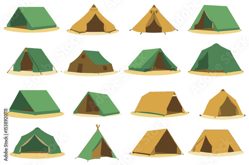 This vector pack includes a variety of camping tents, designed in a flat minimal style. From dome tents to classic triangular tents, the set is perfect for travel designs, adventure websites, outdoor