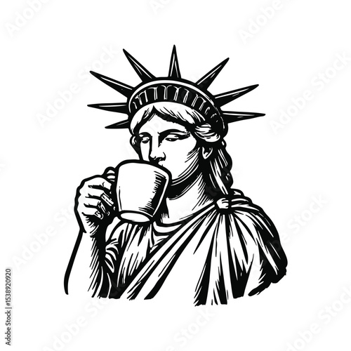 Illustration of Liberty Statue drinking coffee in black and white style