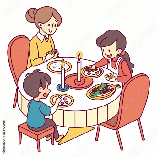 A family sit for dinner together