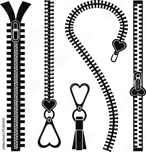 Zipper and Pull Silhouettes Vector Set; Zipper set; Zipper fasteners Clothing zipper pullers silhouettes; Zipper fasteners Clothing zipper pullers silhouettes