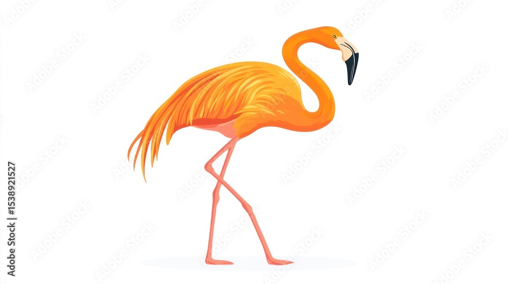 Fototapeta premium A vibrant orange flamingo stands gracefully on one leg against a stark white background, its plumage detailed and its long neck elegantly curved