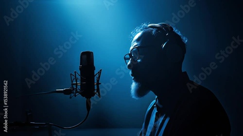 Wallpaper Mural A radio host in silhouette, speaking into a microphone, dramatic blue backlight, indoor studio, cinematic 4k Torontodigital.ca