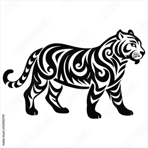 Majestic Tiger Silhouette Vector Illustration – Wild Jungle Animal Icon for Wildlife Conservation, Strength Symbol, Safari Adventure, and Nature-Themed Graphic Design Projects