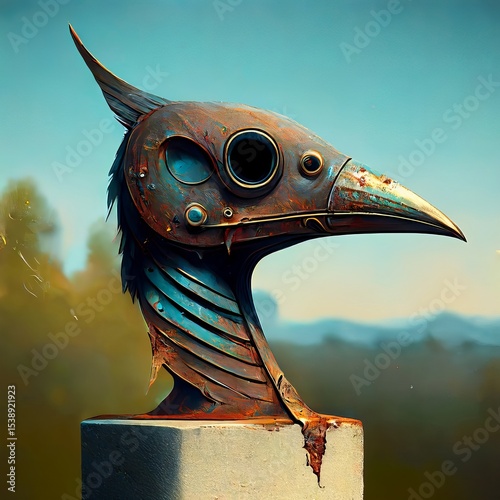 Detailed Steampunk Bird Statue with Rusted Metal Appearance, Aesthetic Artwork on a Plinth, Industrial Design, Against Blurry Landscape Background