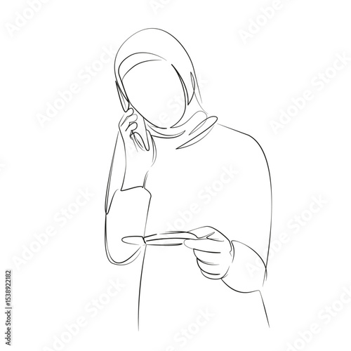 One continuous line drawing on white isolated background. Minimalism linear illustration. females, muslim, phone, result, pregnancy test, pregnancy, joy, women, mobile phone