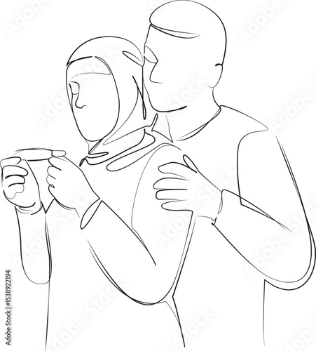 One continuous line drawing on white isolated background. Minimalism linear illustration. man, husband, smiling, woman, pregnant, islam, muslim, positive, pregnancy, result, pregnancy test