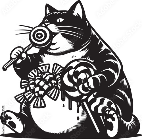 Delightful Cartoon Cat Enjoying Sweet Candy and Noodles A whimsical black and white illustration perfect for branding desserts or pet-related products