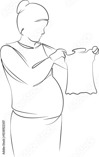One continuous line drawing on white isolated background. Minimalism linear illustration. person, retail, store, pregnant, woman, mother, motherhood, pregnancy, sale, shop, cloth