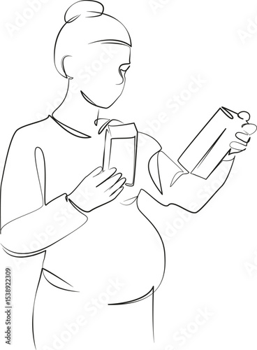 One continuous line drawing on white isolated background. Minimalism linear illustration. lifestyles, medicine, pregnant, adult, healthcare and medicine, women, mother, medicine syrup