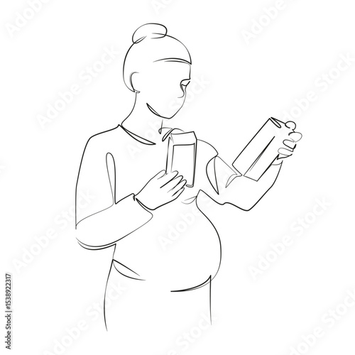 One continuous line drawing on white isolated background. Minimalism linear illustration. lifestyles, medicine, pregnant, adult, healthcare and medicine, women, mother, medicine syrup