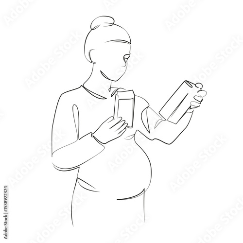 One continuous line drawing on white isolated background. Minimalism linear illustration. lifestyles, medicine, pregnant, adult, healthcare and medicine, women, mother, medicine syrup