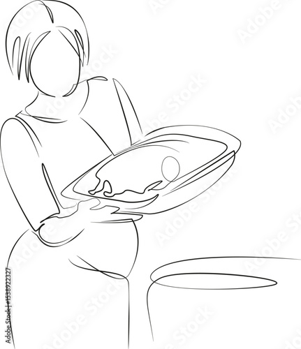 One continuous line drawing on white isolated background. Minimalism linear illustration. female, oven, woman, cooking, food, pregnant, indoors, kitchen, adult