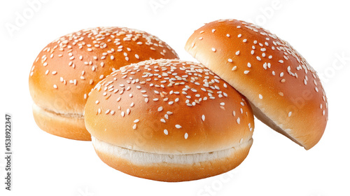 Sesame seed bun isolated on transparent background with fresh golden bread top photo