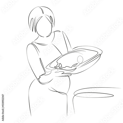 One continuous line drawing on white isolated background. Minimalism linear illustration. female, oven, woman, cooking, food, pregnant, indoors, kitchen, adult