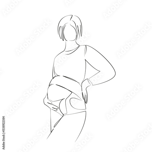 One continuous line drawing on white isolated background. Minimalism linear illustration. mother, woman, support, bandage, corset, pregnant, abdomen, belt, care, medicine