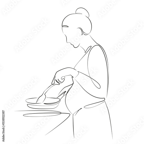 One continuous line drawing on white isolated background. Minimalism linear illustration. indoor, mother, cooking, food, stove, kitchen, pregnant, motherhood, happiness