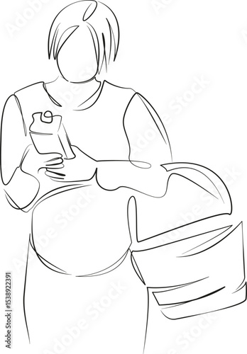 One continuous line drawing on white isolated background. Minimalism linear illustration. enjoyment, groceries, lifestyles, retail, shopping, store, women, pregnant, buying