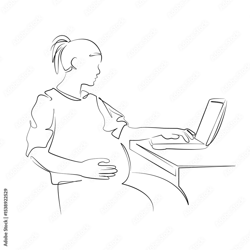 Naklejka premium One continuous line drawing on white isolated background. Minimalism linear illustration. computer, pregnant, woman, office, sitting, business, working, person, businesswoman, desk