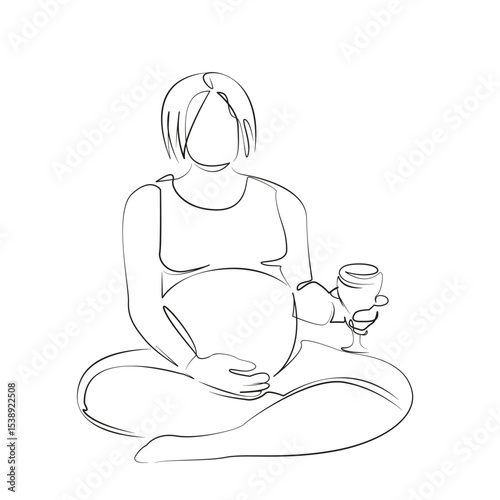 One continuous line drawing on white isolated background. Minimalism linear illustration. woman, wine, pregnant, drinking, indoor, risk, lifestyle, choice