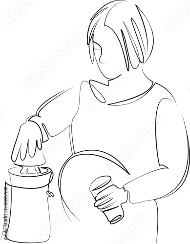 One continuous line drawing on white isolated background. Minimalism linear illustration. pregnant, woman, orange, nourishment, drink, lifestyle, fruit, vitamin, health, juice