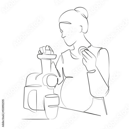 One continuous line drawing on white isolated background. Minimalism linear illustration. woman, kitchen, drink, juicer, indoor, pregnant, breakfast, mother, healthy lifestyle