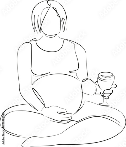 One continuous line drawing on white isolated background. Minimalism linear illustration. woman, wine, pregnant, drinking, indoor, risk, lifestyle, choice