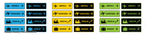 Airport signs directional information with airplane icons displaying arrivals departures check in and baggage