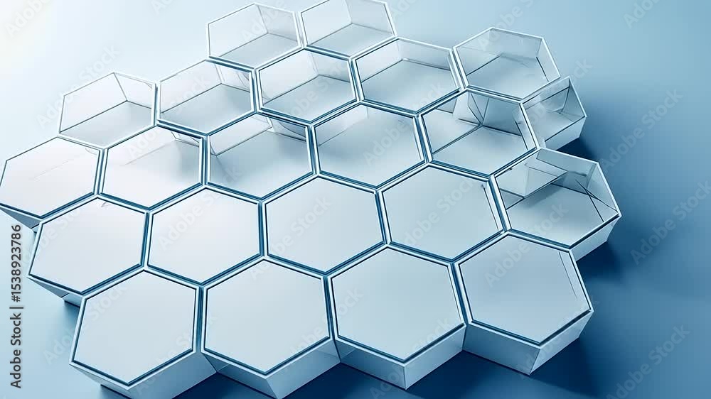 Abstract arrangement of hexagonal shapes on a blue background, suggesting modern design and innovation