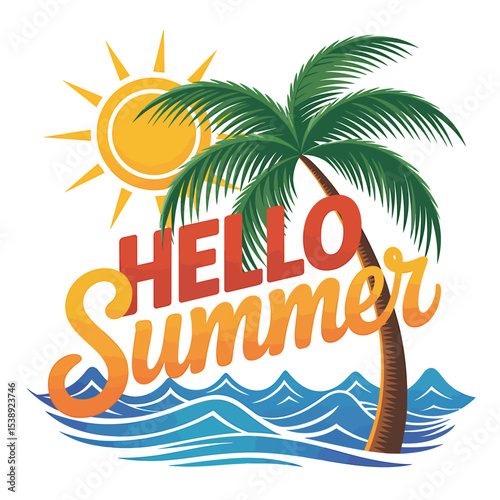 Hello summer vector illustration with palm tree, sun, and ocean waves for summer designs and prints