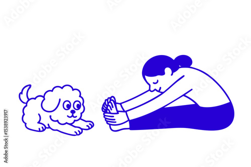 Title: Woman Stretching with Dog Companion, Woman and Dog in Yoga Pose