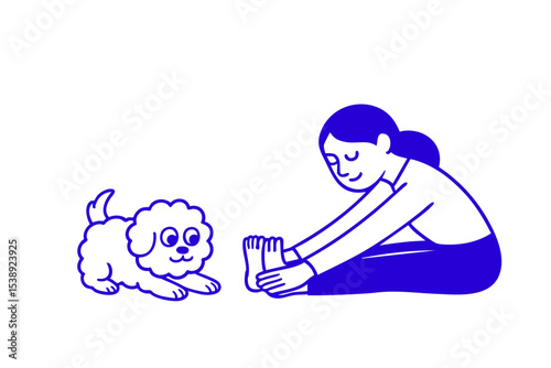 Title: Woman Stretching with Dog Companion, Woman and Dog in Yoga Pose