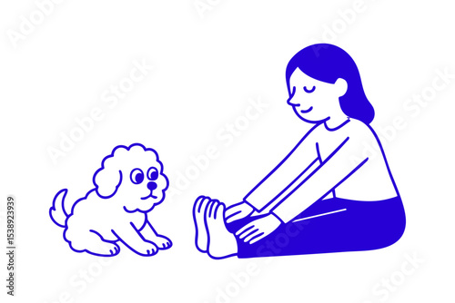 Title: Woman Stretching with Dog Companion, Woman and Dog in Yoga Pose