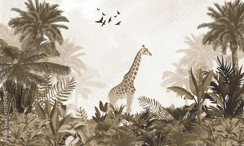 Fotografie Aged Wildlife Wall Mural: Faded Sepia Giraffe, Lion & Tropical Forest Background