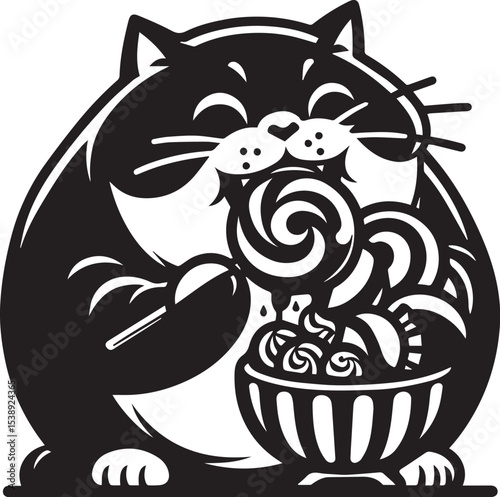 Delightful Cartoon Cat Enjoying Sweet Candy and Noodles A whimsical black and white illustration perfect for branding desserts or pet-related products