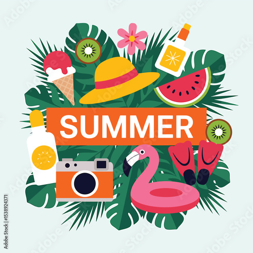 Summer vacation holiday tropical beach vector design with flamingo and summer elements illustration