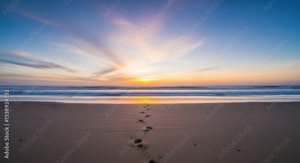 Fototapeta premium A Serene Beach Sunset Tranquil Waves and Footprints in Sand