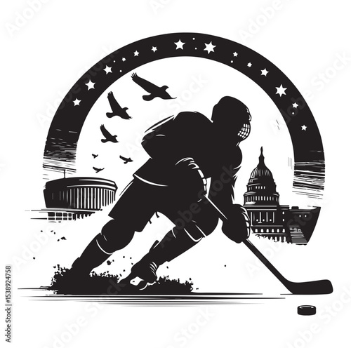Ice hockey arena player shooting Competitive Team Intense Game. professional forward player