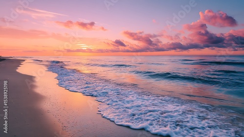 A peaceful beach at dawn, with the sun rising over calm waves and soft, pink-colored clouds. .