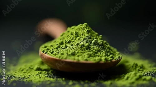 Scooping Green Powder with Wooden Spoon Still Life