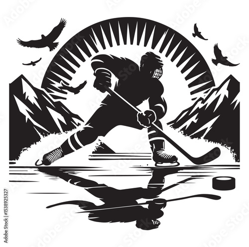 Ice hockey arena player shooting Competitive Team Intense Game. professional forward player