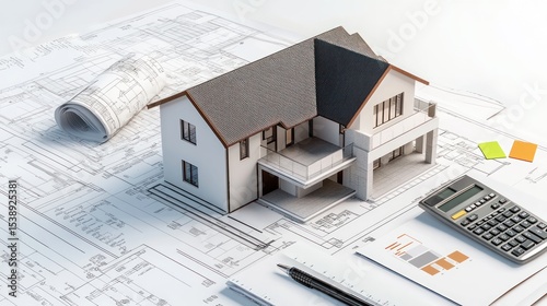 Fototapeta Naklejka Na Ścianę i Meble -  3D model home on architectural blueprints, with tools